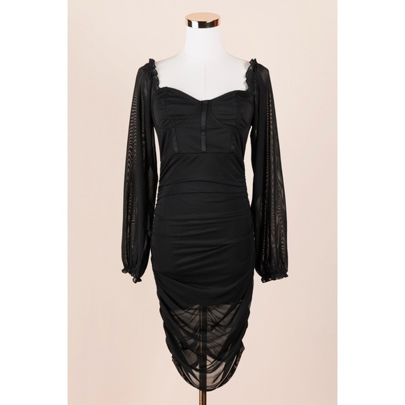Almost Famous Dresses & Skirts - Sz M Almost Famous Mesh Ruched Sleeve Bustier Bodycon Dress In Black GUC